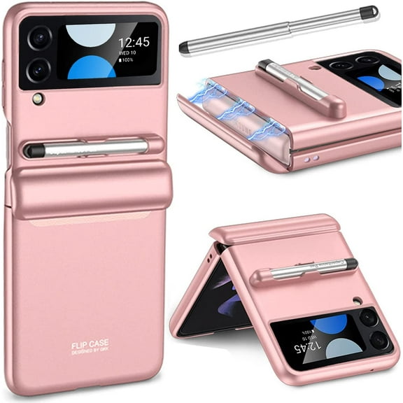 Compatible for Samsung Galaxy Z Flip 4 Case with S Pen, All-Inclusive Magnetic Hinge Protection   Tempered Glass Screen Protector Case for Samsung Galaxy Z Flip 4 5G 2022 (White)