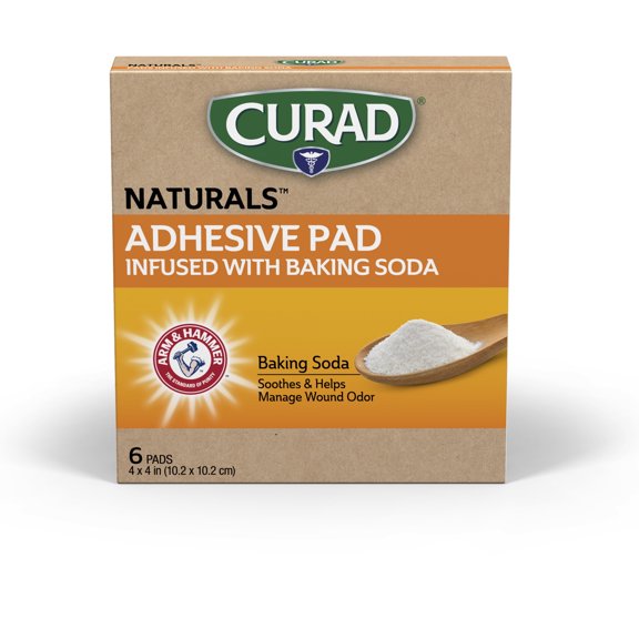 Curad Naturals Arm & Hammer Baking Soda Bandages 4" x 4", For Scrapes & Cuts, Absorbent & Self-Adhesive, 6 Count