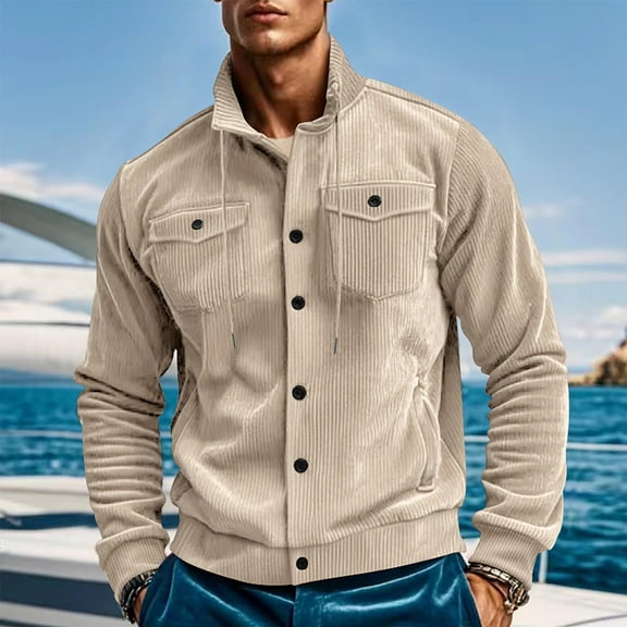dzxyzu Men's Corduroy Shirts Casual Long Sleeve Stand Up Collar Shacket Jackets Lightweight Button Down Workwear Coat Tops with 2 Flap Pockets 2024 Winter Saving