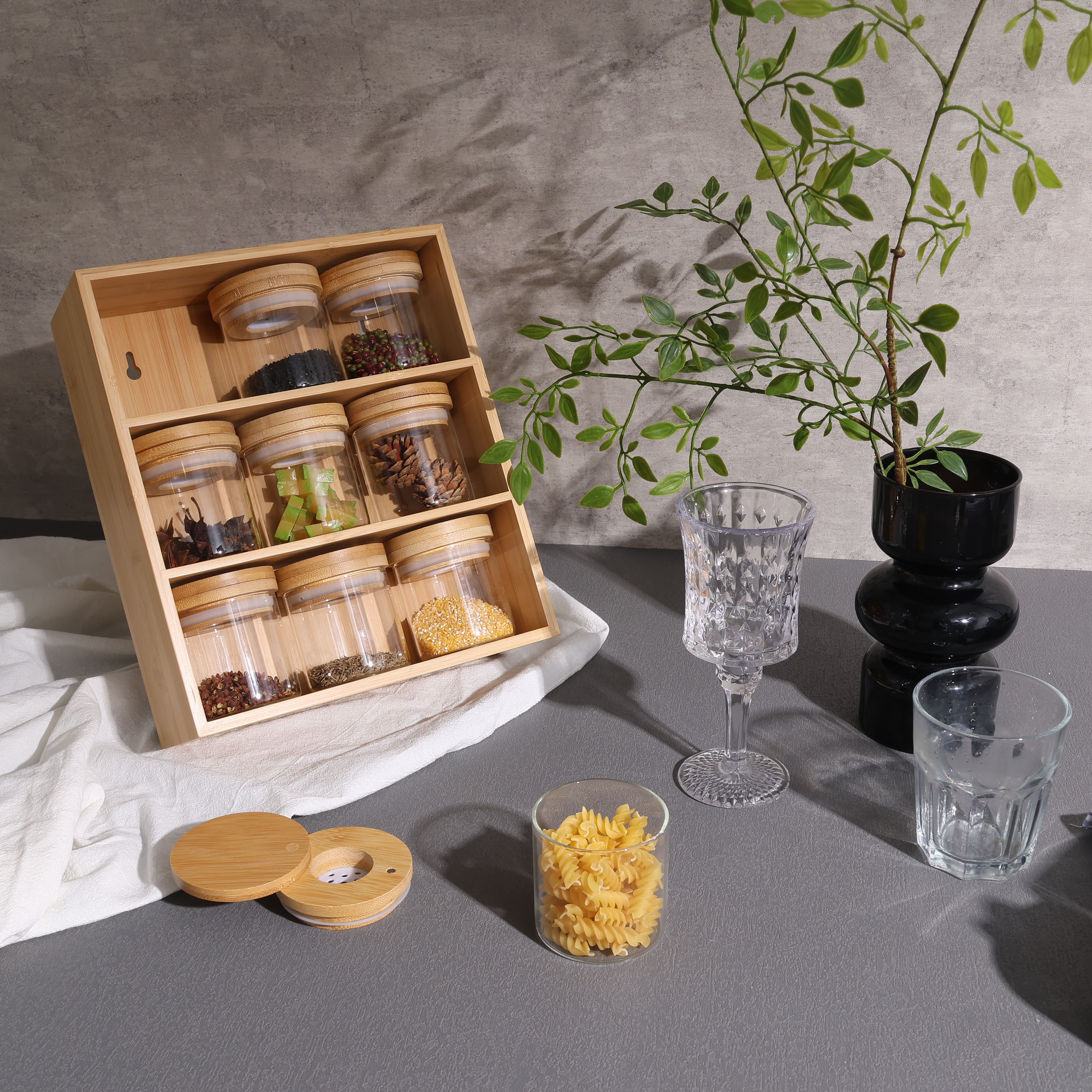 Better Homes & Gardens, Bamboo Holder with 9 Bamboo Swivel Lid Glass Spice Jars, 10 x 11.6 x 3.9 in
