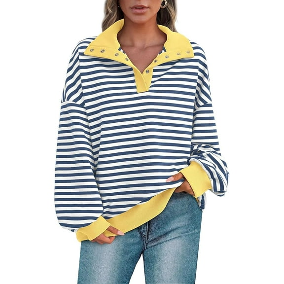 PRETTYGARDEN Women's Oversized Striped Sweatshirts Spring Fall Trendy Casual Long Sleeve Button Up Tops Shirt Preppy Clothes