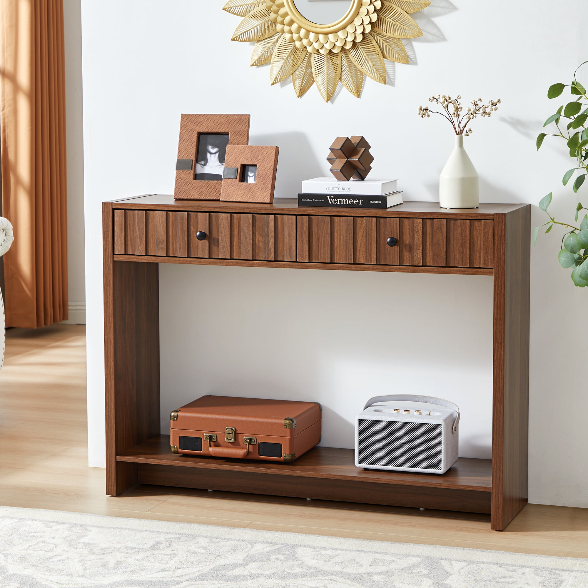 PHOYAL Fluted Console Table with Drawer and Open Storage Shelves, Narrow Sofa Table Entryway Table for Living Room Hallway Bedroom, Walnut