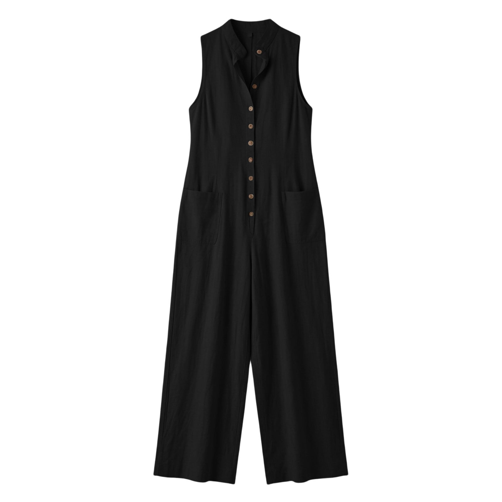 Vynhevius Women's Stand Collar Jumpsuit Sleeveless Button Front Pockets Wide Leg Casual One Piece
