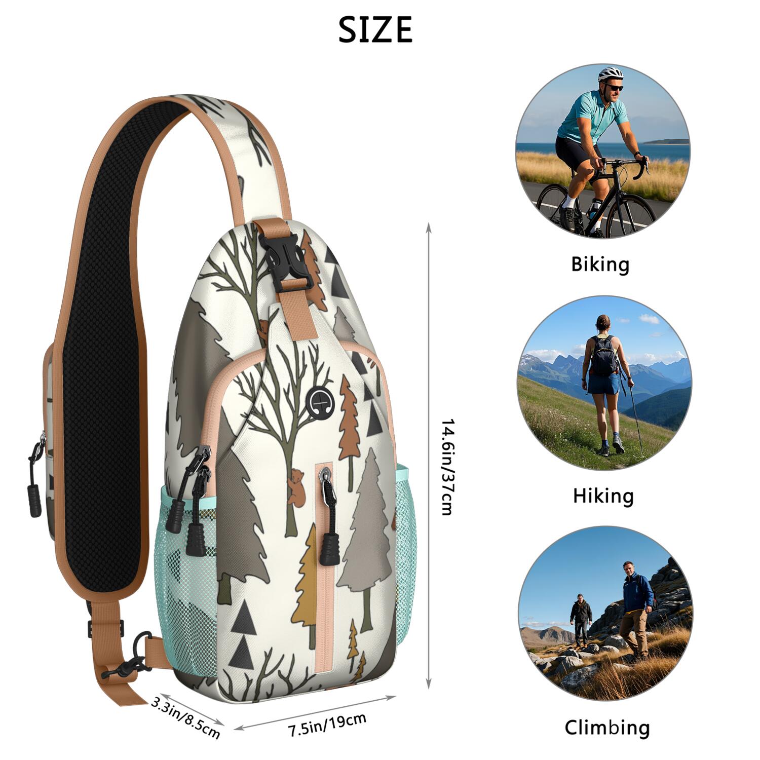 Tree Cartoon Pattern Design Sling Backpack for Women Men – Reinforced stitching, Sturdy plastic buckle, Anti-theft back pocket – Artistic Pattern Design for Travel, Hiking, Outdoor