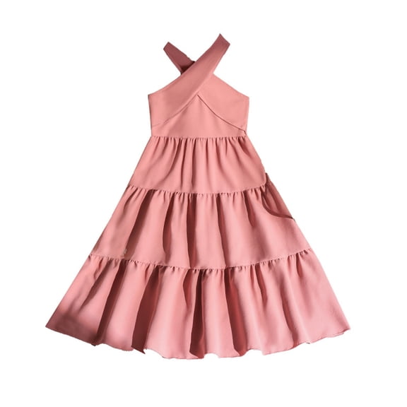 WOYY Girls Fashion Sleeveless Halter Dress Tiered Swing Party Midi Dress, Pink, Sizes 7-12