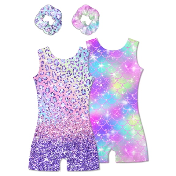 Aideaone Girls 2 Pack Gymnastics Leotards with Matching Scrunchies Sparkly Biketards 4-10Y