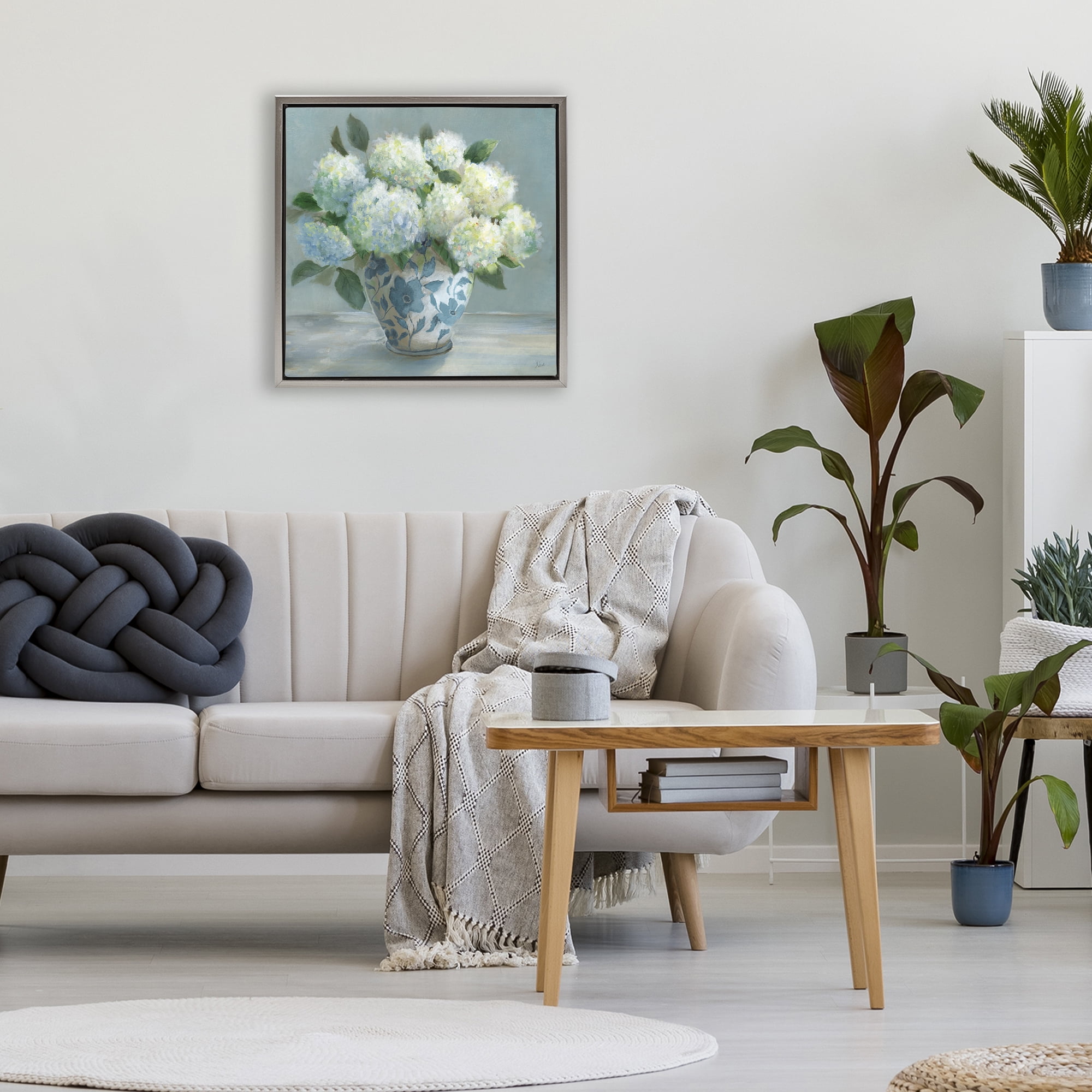 Stupell Industries Hydrangeas in Elegant Vase Gray Framed Floater Canvas Wall Art, design by Nan