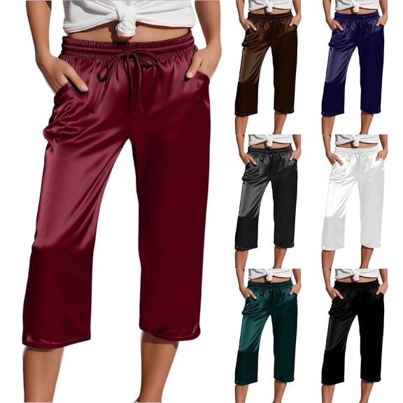 felwors Women's Satin Capri Pants High Rise Cropped Lounge Trousers with Pockets Sheen(Wine, XXL)