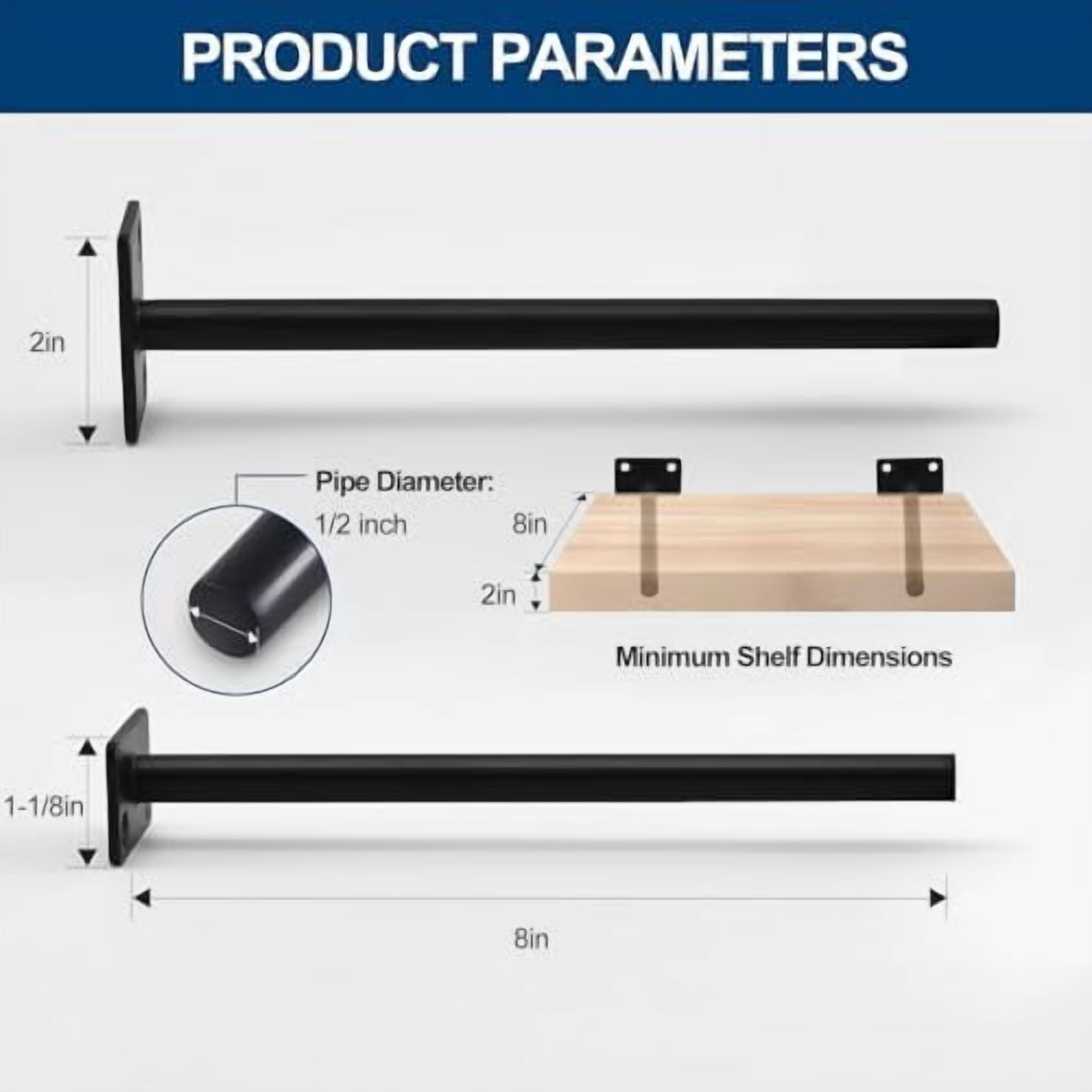 8 Pcs 8" Black Solid Steel Floating Shelf Bracket Blind Shelf Supports - Hidden Brackets for Floating Wood Shelves - Concealed Blind Shelf Support – Screws and Wall Plugs Included