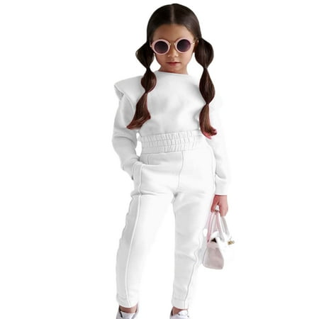 

ZCFZJW Toddler Kids Girls Two Piece Tracksuits Solid Color Long Sleeve Crewneck Sweatshirts Tops with Elastic Waistband Sweatpants Sport Set(White 2-3 Years)
