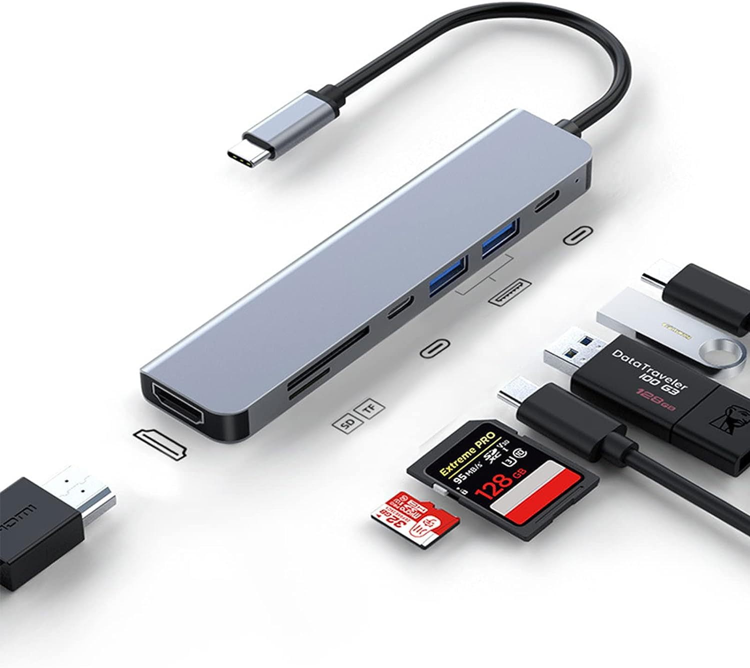 Hiearcool USB C Hub, USB-C Multi-Port Adapter for MacBook Pro, 7IN1 USBC to HDMI Hub Dongle Compatible for Laptops and Other Type C Devices (4K HDMI USB3.0 SD/TF Card Reader 100W PD)