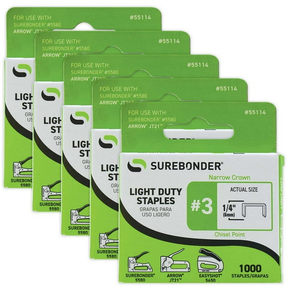 55114 #3 Light Duty Narrow Crown Staples - 1/4" Length - 1000/box, 5 Pack