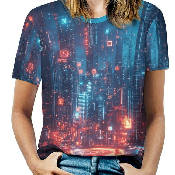 City Neon Streetview Night at Night Women's T-Shirt Short Sleeve T Shirts Tops Tee Ladies Loose T