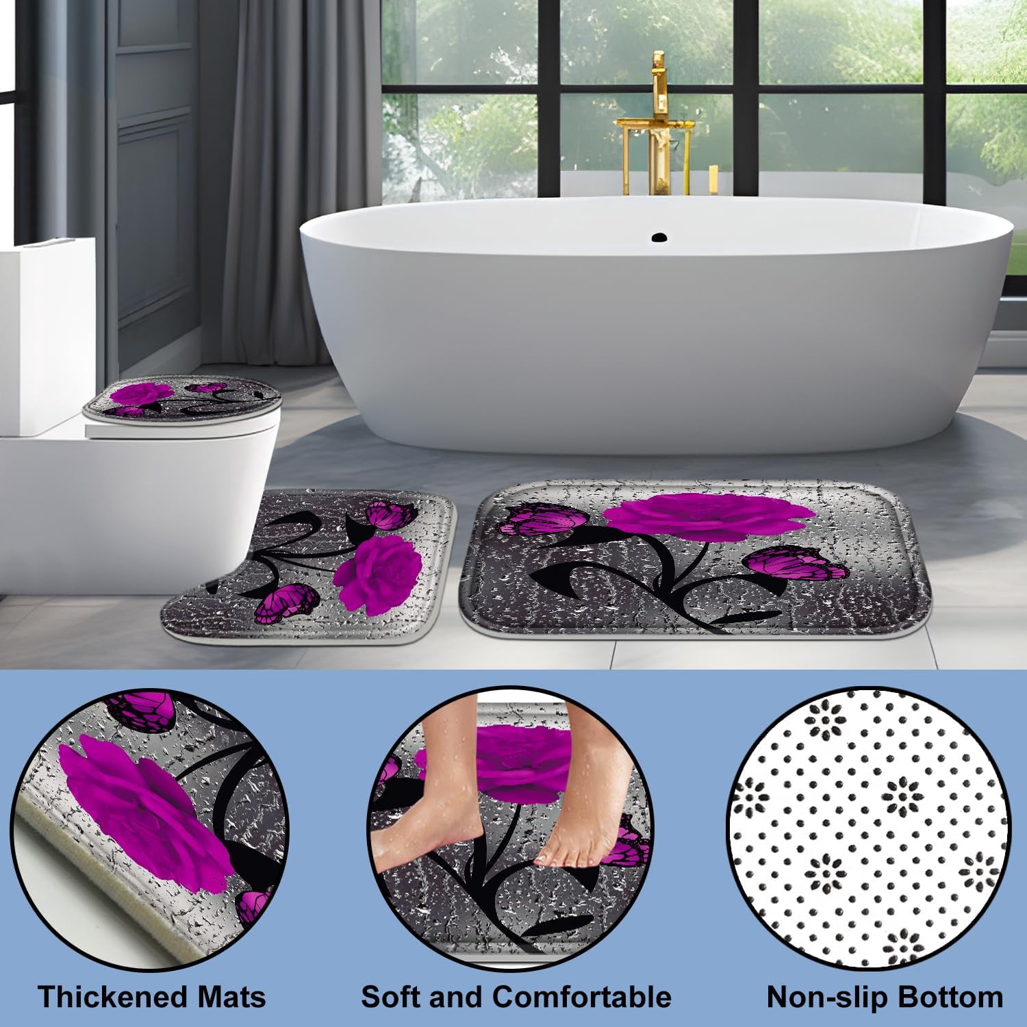 4 Pcs Bathroom Set,Orange Rose Shower Curtain Sets, Romantic Shower Curtain Sets with Rugs(Bath Mat,U Shape and Toilet Lid Cover Mat) and 12 Hooks