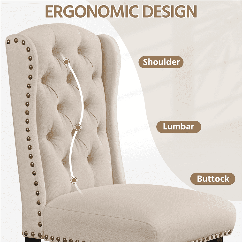 Alden Design 2pcs Upholstered Tufted Dining Chairs with Wing Design for Kitchen, Beige