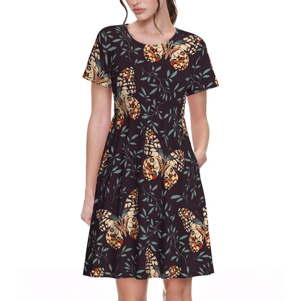 Easygdp Butterfly1 para Vestido Transpirable de Mujer, Vestido Suelto de Manga Corta con Pliegues y Bolsillos para el Verano