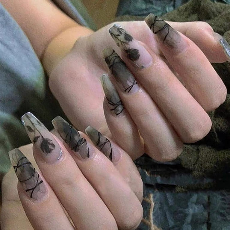 Long Press on Nails Square Acrylic Nails Black Fake Nails with Red Nail Gem  Designs False Nails Extra Long Coffin Glue on Nails Artificial Stick on