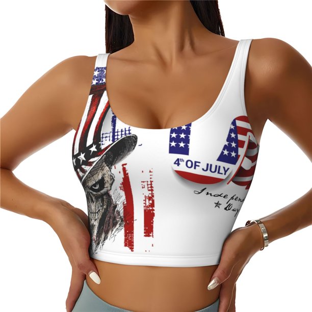 Balery Patriotic Skull Art Sujetadores deportivos con espalda cruzada para mujer, acolchados, sin costuras, de alto impacto, ideales para yoga, gimnasio, entrenamiento y fitness.-Large