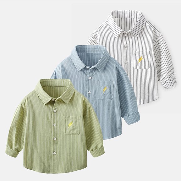 JAJAHO Boys Striped Button Down Shirt Long Sleeve Toddler And Kids Cotton Clothes Lightning Embroidery Shirts 1-8Y
