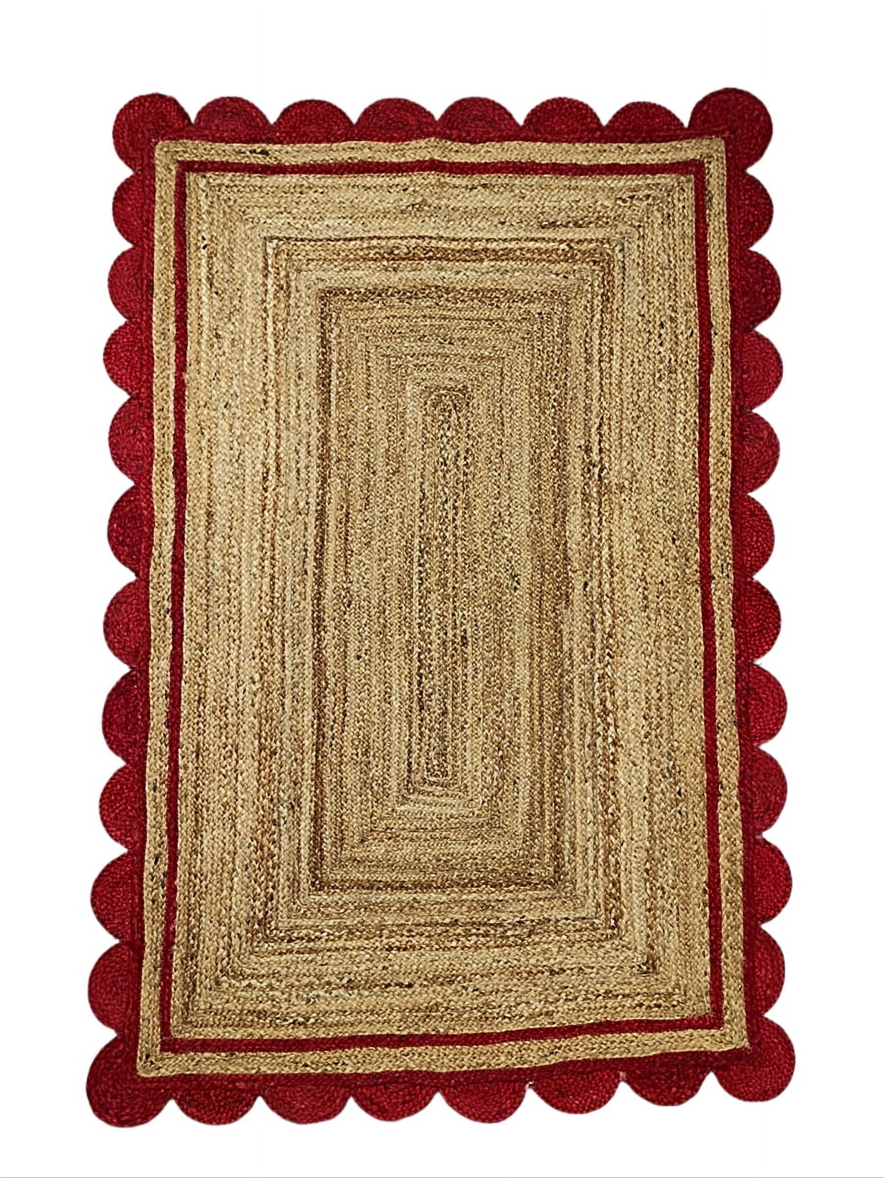 Indian Handmade Braided Natural Pure Jute with Red Scalloped Design Area Rugs Size 2 x 4 Feet ( 60 cm x 120 cm )