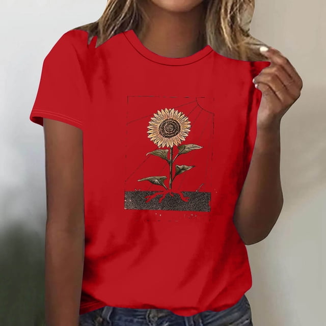 Fiudx Ofertas de La Semana Blusas Estampadas a La Moda para Mujer Top de Cuello Redondo de Manga Corta
