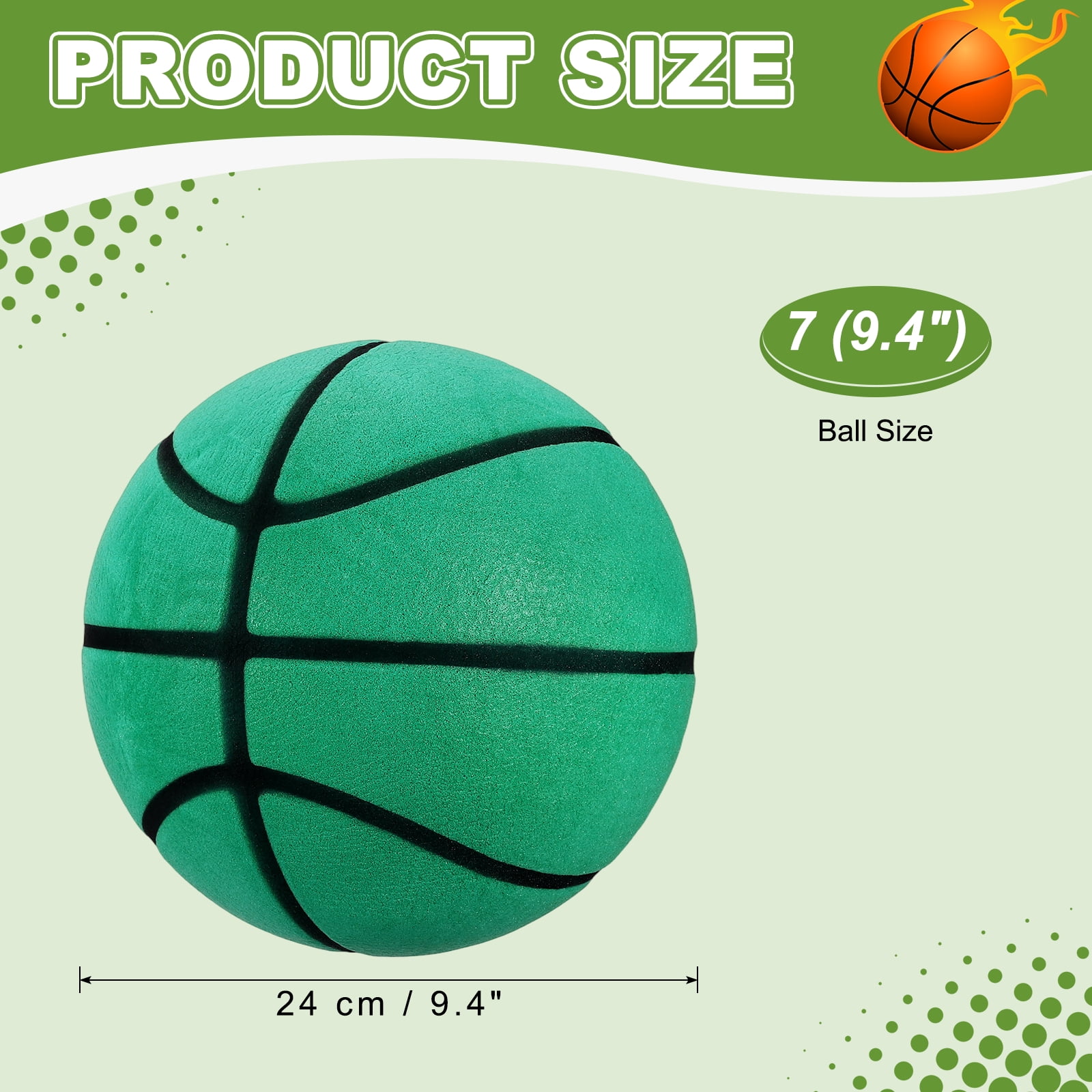 Uxcell Silent Basketball, Size 7 (9.4") Quiet Basketball High Density Foam No Noise 3D Sculpted Groove Bouncing Ball with Net Bag & Green - Fit for (Indoor Training/Dribbling Practice)