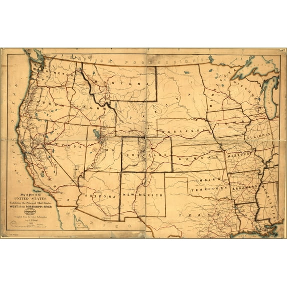 24"x36" Gallery Poster, Map of western United States postal routes 1867
