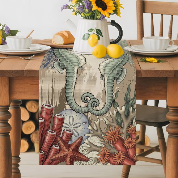 Burlap Table Runner 36 Inches Long, Seahorses Starfish Summer Beach Non-Slip Kitchen Table Runners for Dining Room Everyday Use Party Table Decorations Marine Life