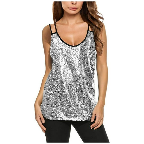 fartey Womens Sparkly Sequin Tank Tops Double Spaghetti Strap V Neck Vest Shirts Solid Color Sleeveless Party Club Cocktail Tee