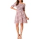 thumbnail image 2 of Vestido corto de mujer con estampado floral, sin hombros, de manga corta, con fruncido, por encima de la rodilla, color rosa, 2 of 6