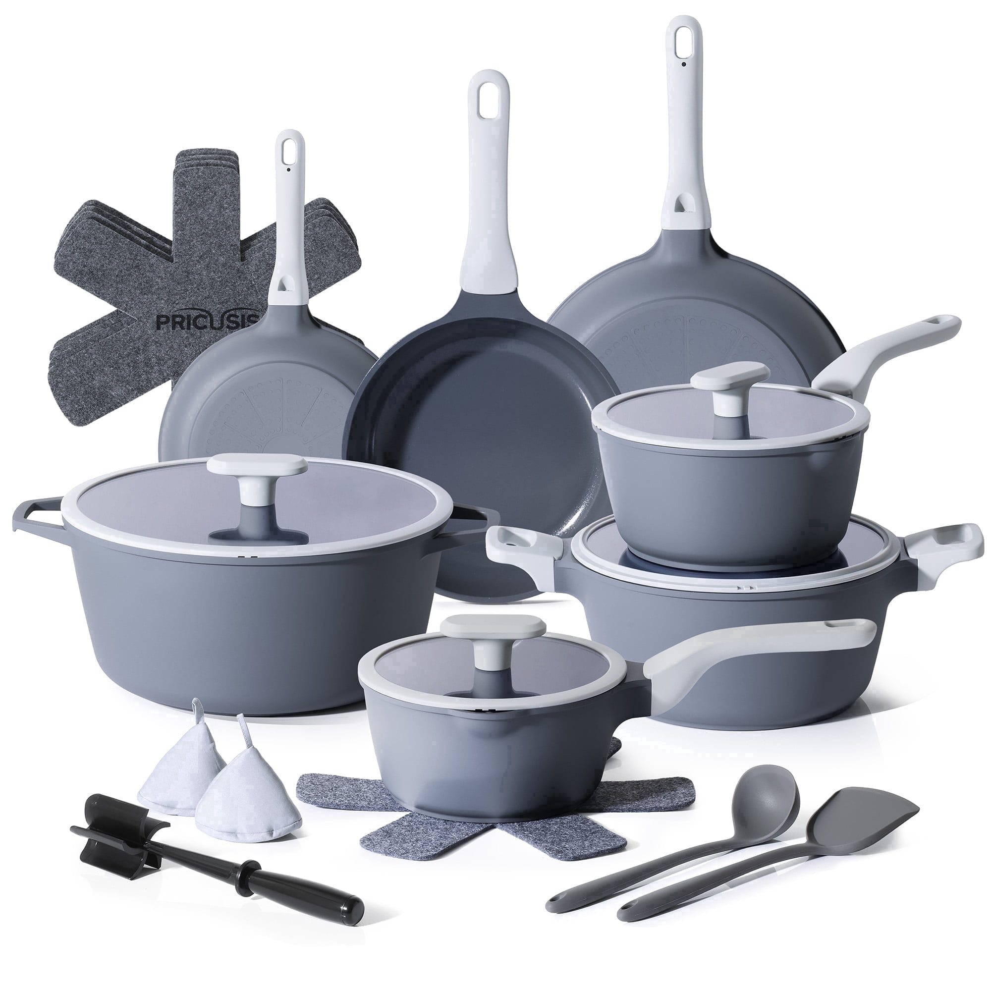 PRICUSIS 21-Piece Nonstick Pots and Pans Set, Induction Compatible, Stay-Cool Handle, Fully Coated, Dishwasher-Safe, Warp Resistant, Blueberry Gray