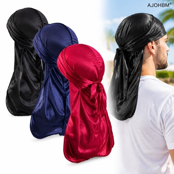 AJOHBM 3 Pack Outdoor Silky Durag for Men Durags Hats for Men Silky Velvet Durag Hats for Women