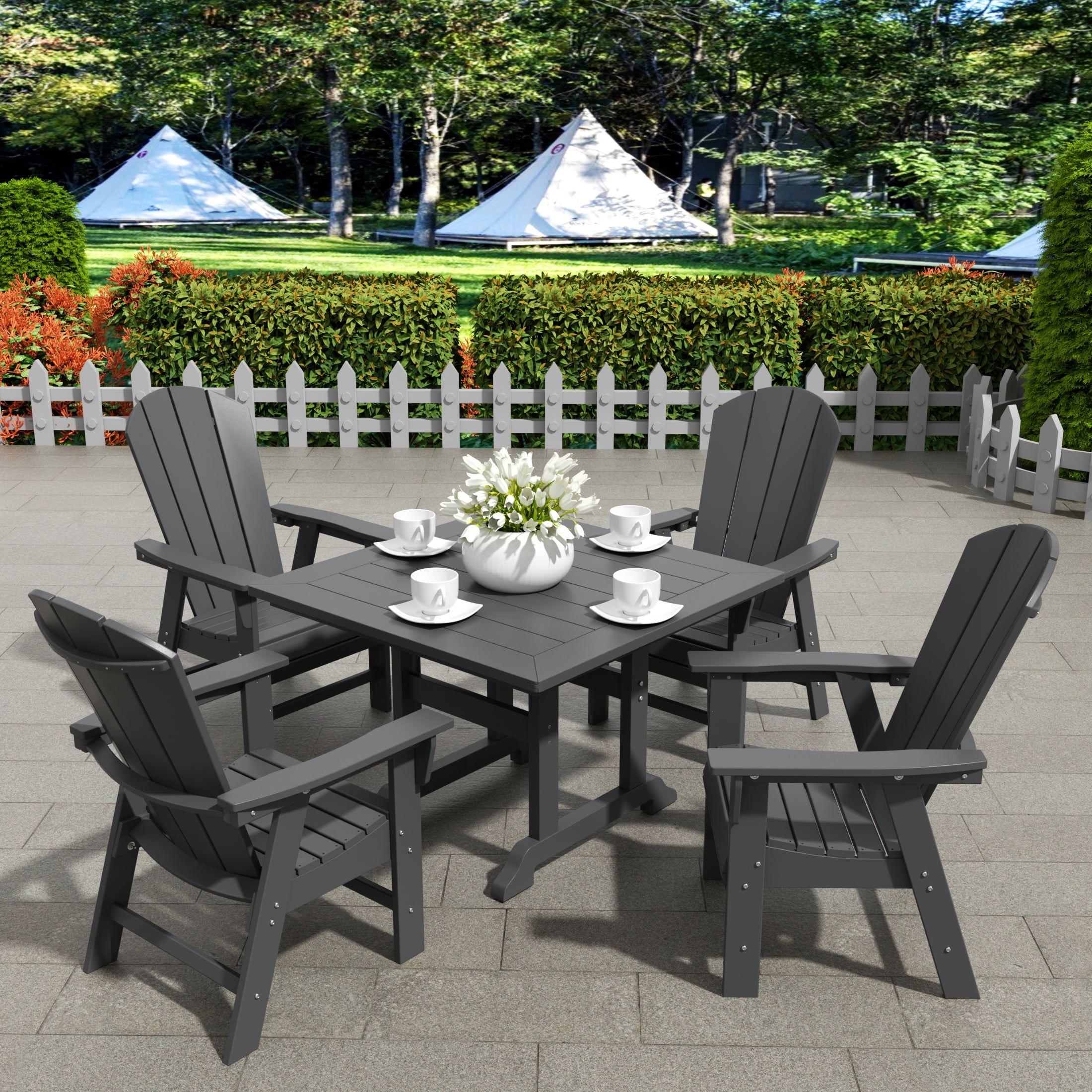 WestinTrends Malibu 5 Piece Adirondack Outdoor Dining Set, All Weather Poly Lumber Patio Table and Chairs Furniture Set, 43" Trestle Square Dining Table and 4 Adirondack Dining Chair, Gray