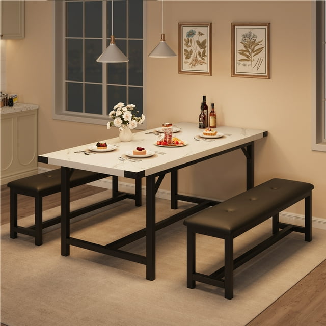 EDTara Wooden Extendable Dining Table Set With 2 Upholstered Benches, Compact 3-Piece Table Set for 4-6 People