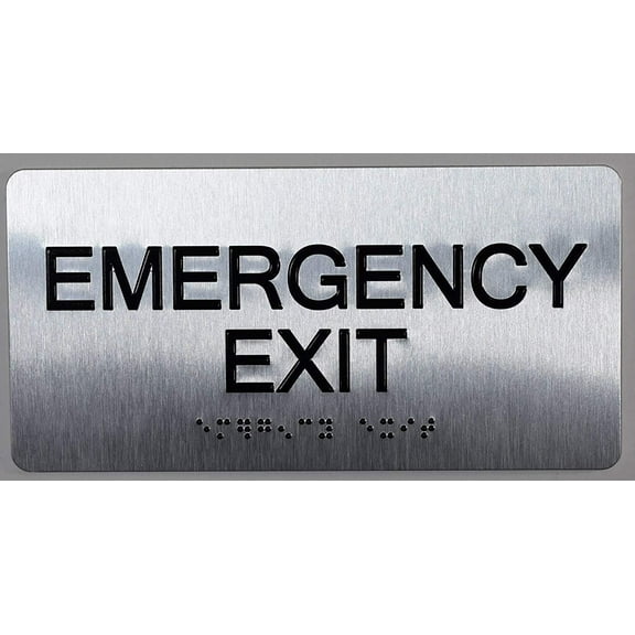 Emergency EXIT Sign Silver-Tactile Touch Braille Sign (Aluminum !!, Brush Silver, Size 4x8)- The Sensation line