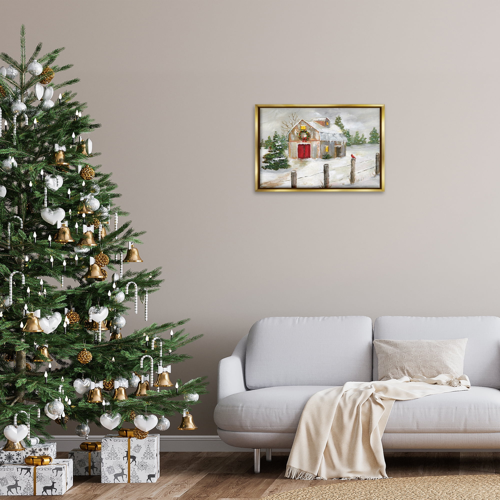 Stupell Industries Winter Farmhouse Scene Holiday Painting Gold Floater Framed Canvas Art Prints Wall Art, 25 x 17
