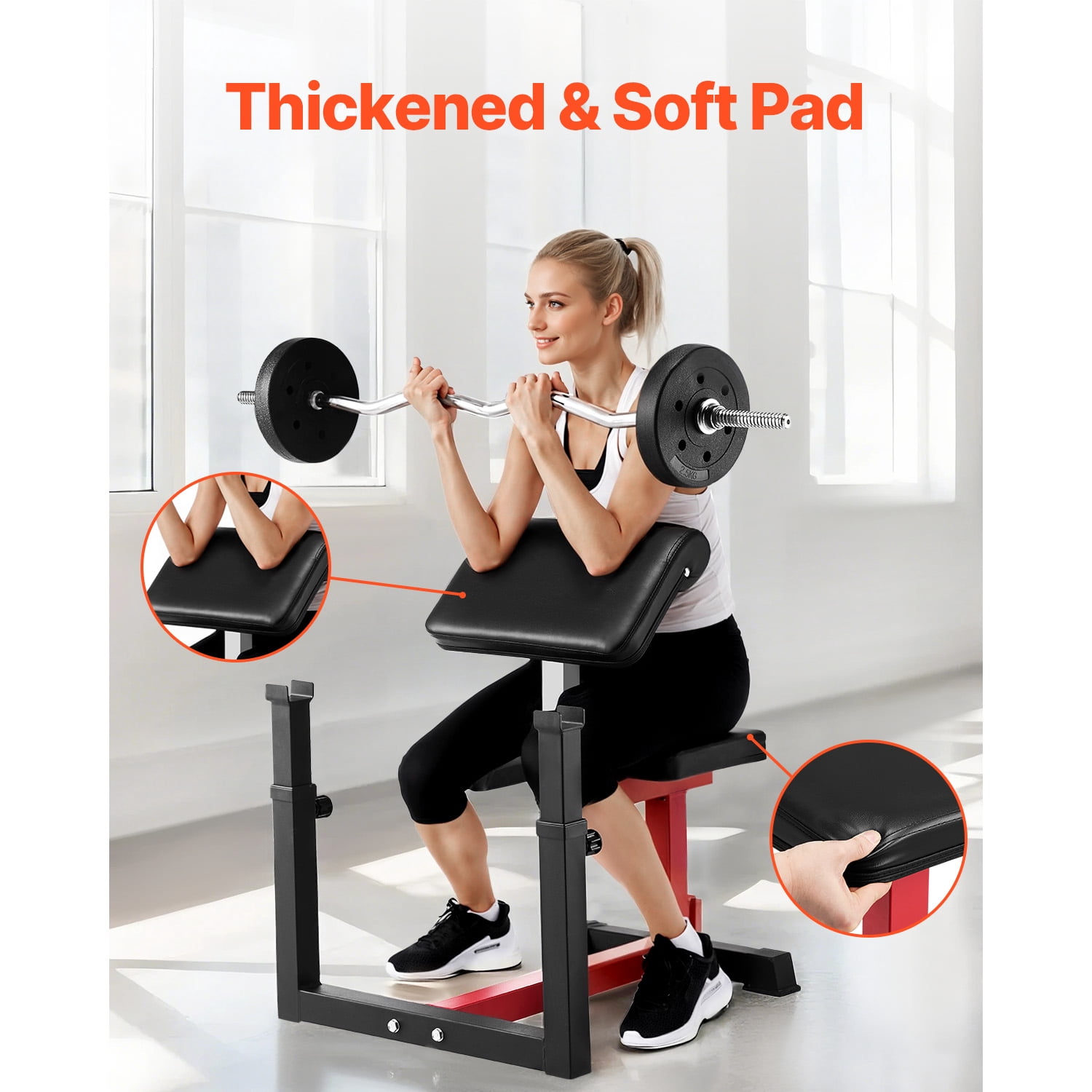 KFFKFF Fitness Bench with Leg Developer, Conditioning Exercise Stations, Supports up to 440 LBS, Domestic Gym Gear, Seated Arm Isolation for Barbell Dumbbell Bicep Workouts, Training Bench