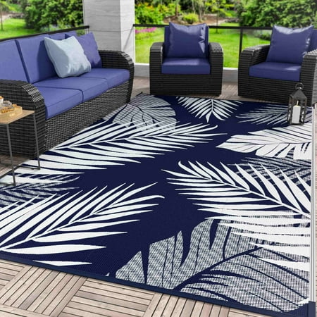 DEORAB 10 x14  Outdoor Rug Patio Clearance Waterproof Outside Mat Reversible Plastic Camping Navy blue&White