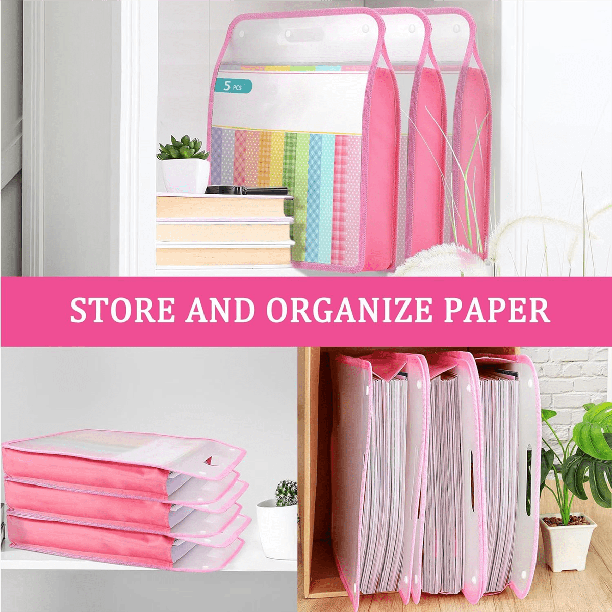5 Pack Scrapbook Paper Organizer, Pink Expanding Paper , Portable Scrapbook Paper Storage with Button Closure