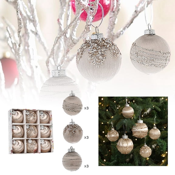 9PCS Rustic Champagne Christmas Ornaments â Farmhouse Xmas Tree Balls Set, Shatterproof Glitter Pearl Decorations for Holiday Wreaths & Garland