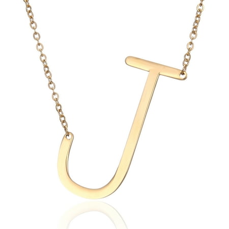 Sideways Large Initial Necklace Gold Big Letter Script Name Stainless Steel Pendant Monogram Necklace A-Z for Women