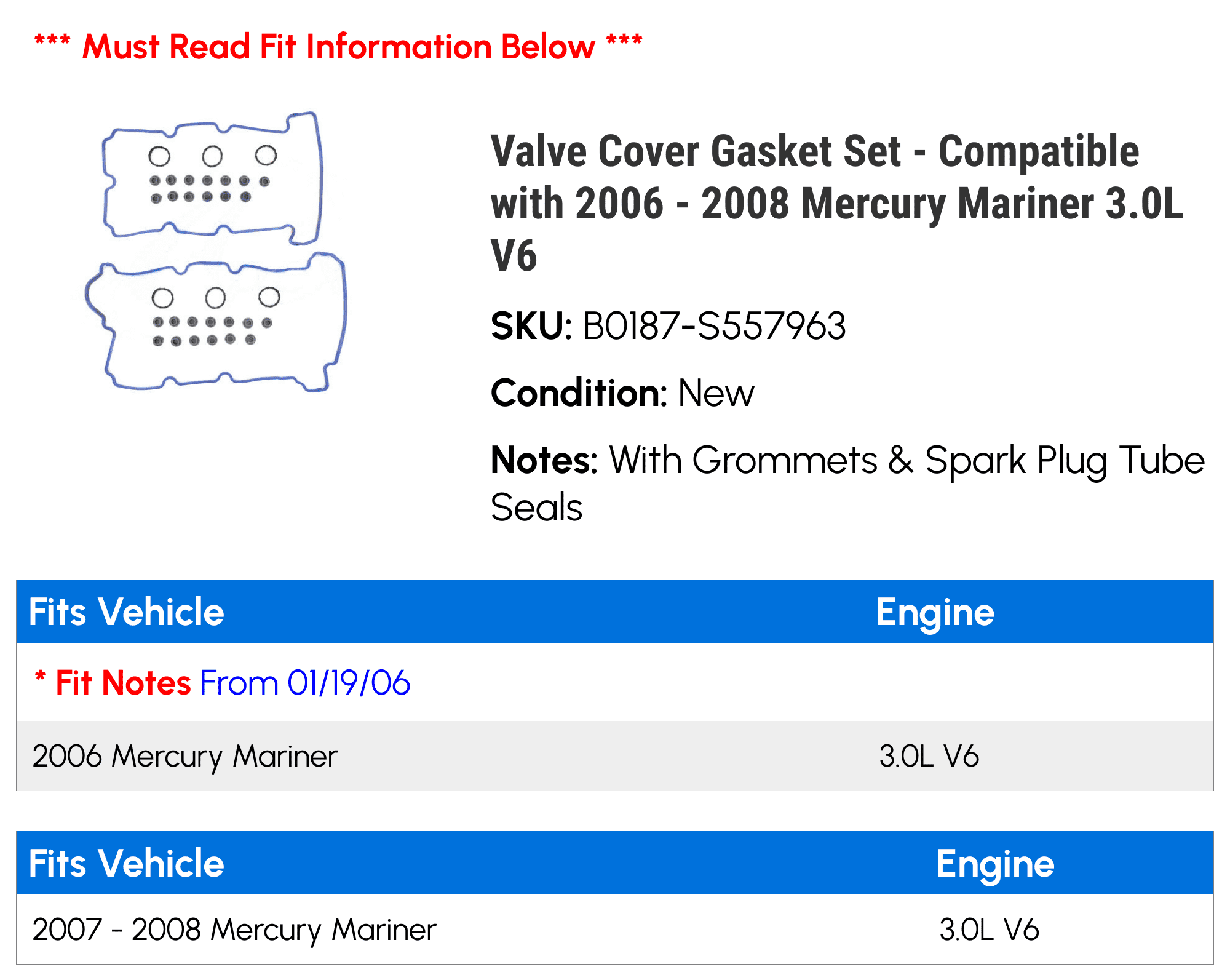 Valve Cover Gasket Set - Compatible with 2006 - 2008 Mercury Mariner 3.0L V6 2007