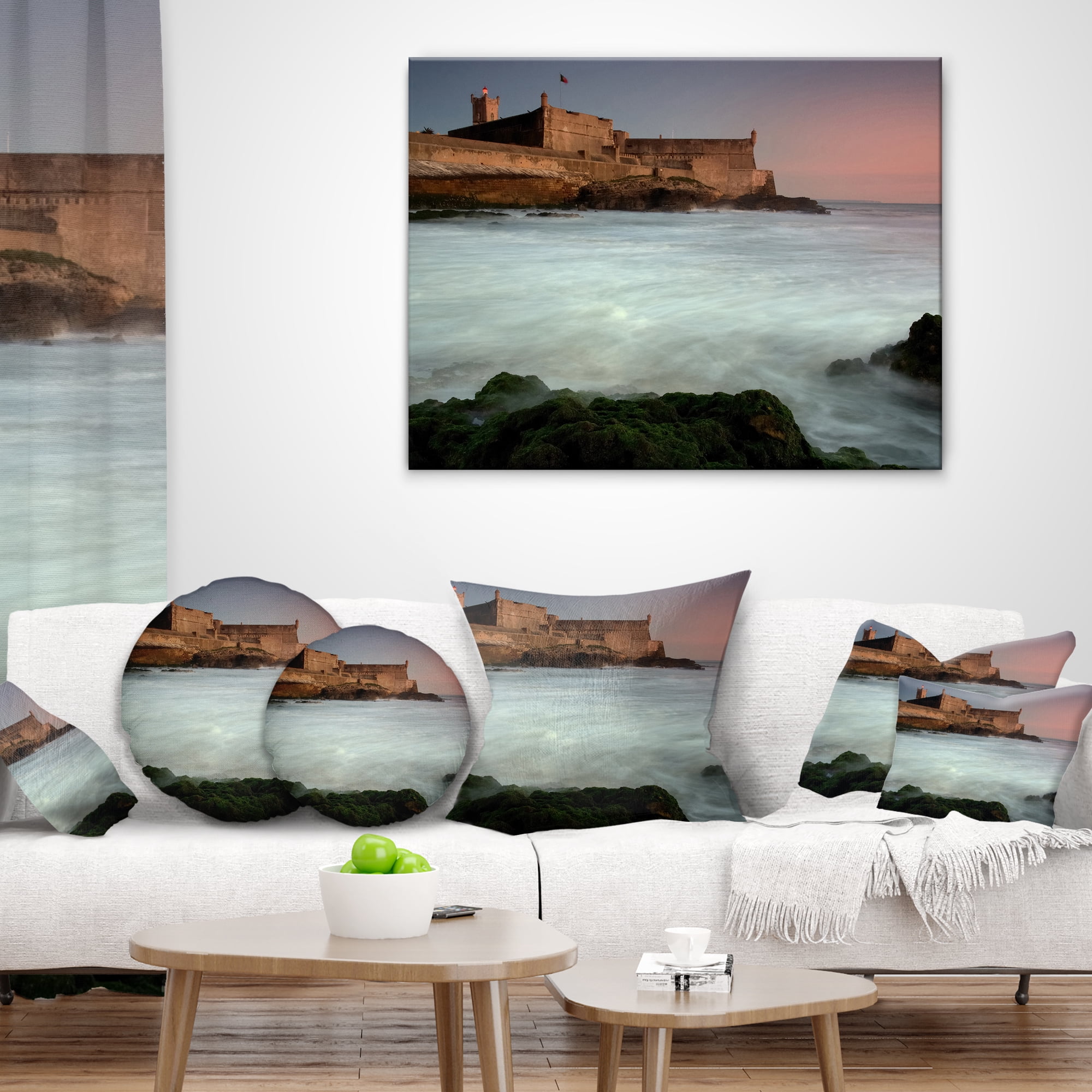 Designart White Seascape at Old Fort Lisbon - Seashore Throw Pillow - 16x16