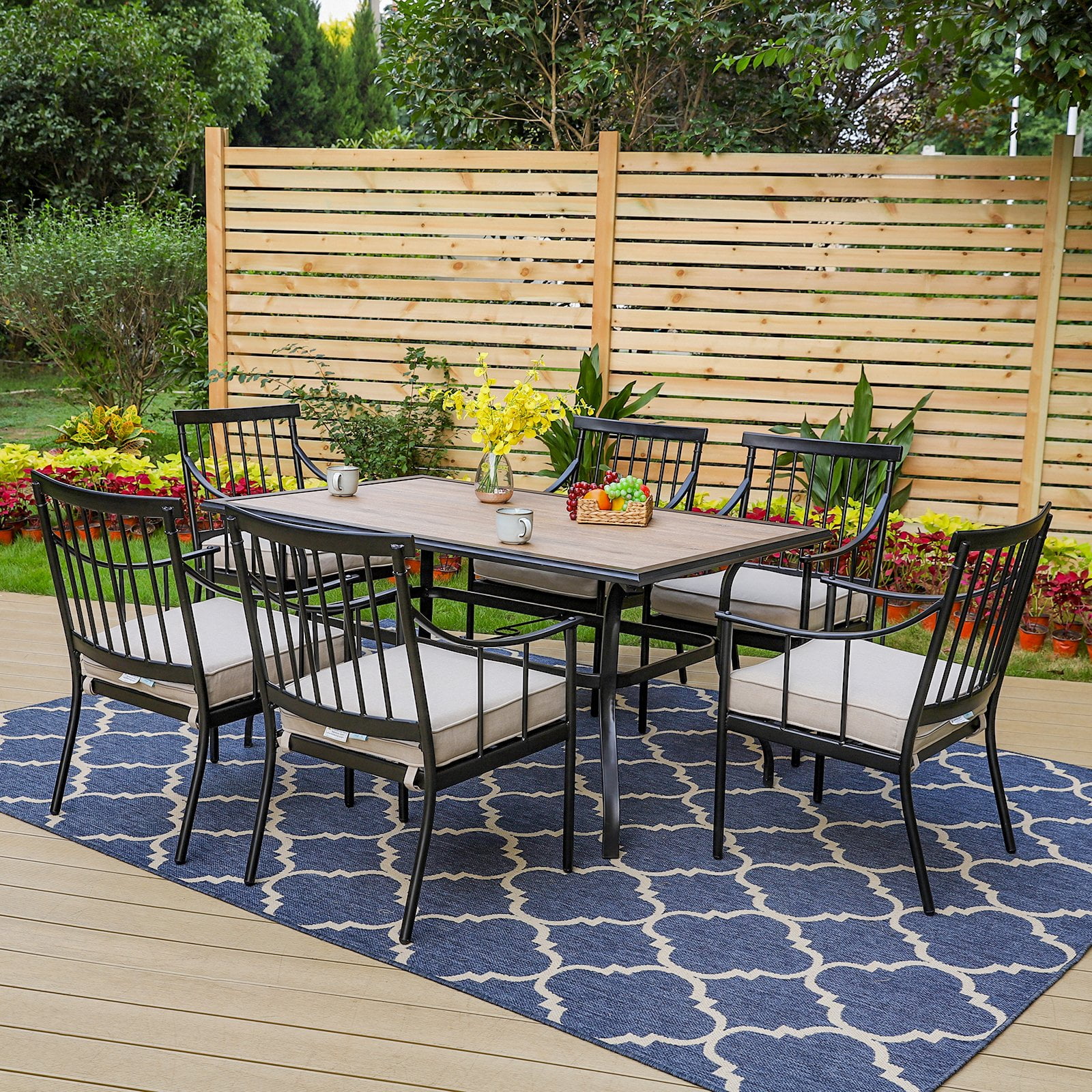 MF Studio 7-Piece Outdoor Dining Set Metal Patio Furniture with 6 PCS Cushioned Armchairs& 1 PC Rectangle Table, Black