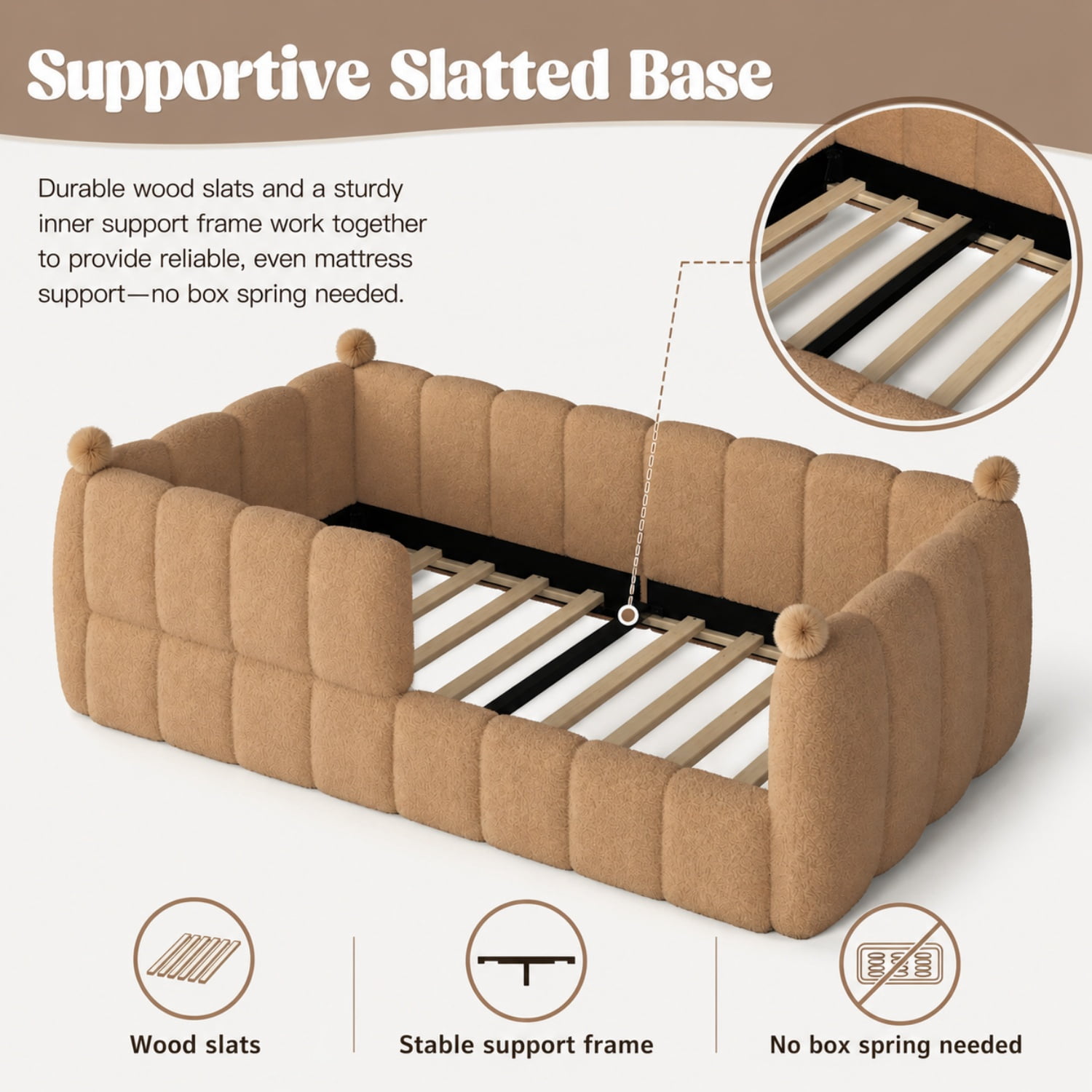 Miniyam Twin Size Kids Floor Bed with Soft Upholstered Guardrails, Low-to-Ground Montessori Bed Frame, Natural