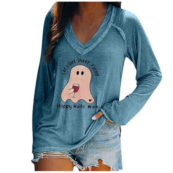 SNKSDGM Plus Size Long Sleeve Tops for Women 3X Fall Clothes for Women Plus Size Women's V Neck Halloween Print Long Sleeve Shirt Top T Shirt Xxxxxl