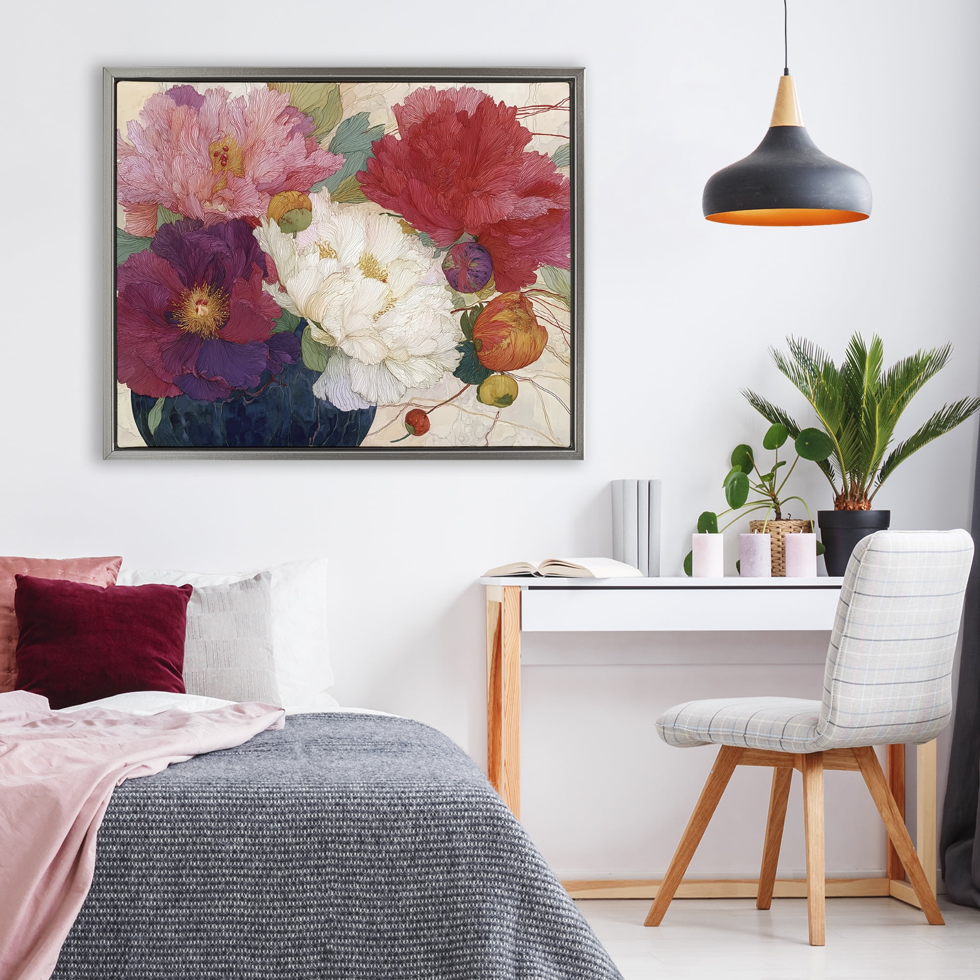 Haiku Ornate Flower Petals Gray Framed Floater Canvas Wall Art, design by Annabelle Hall
