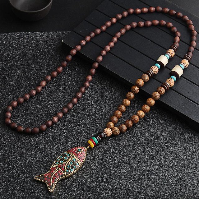 Collares de Cuentas CHAO para mujer colgante largo Cuentas de madera hecho a mano joyería Bohemia