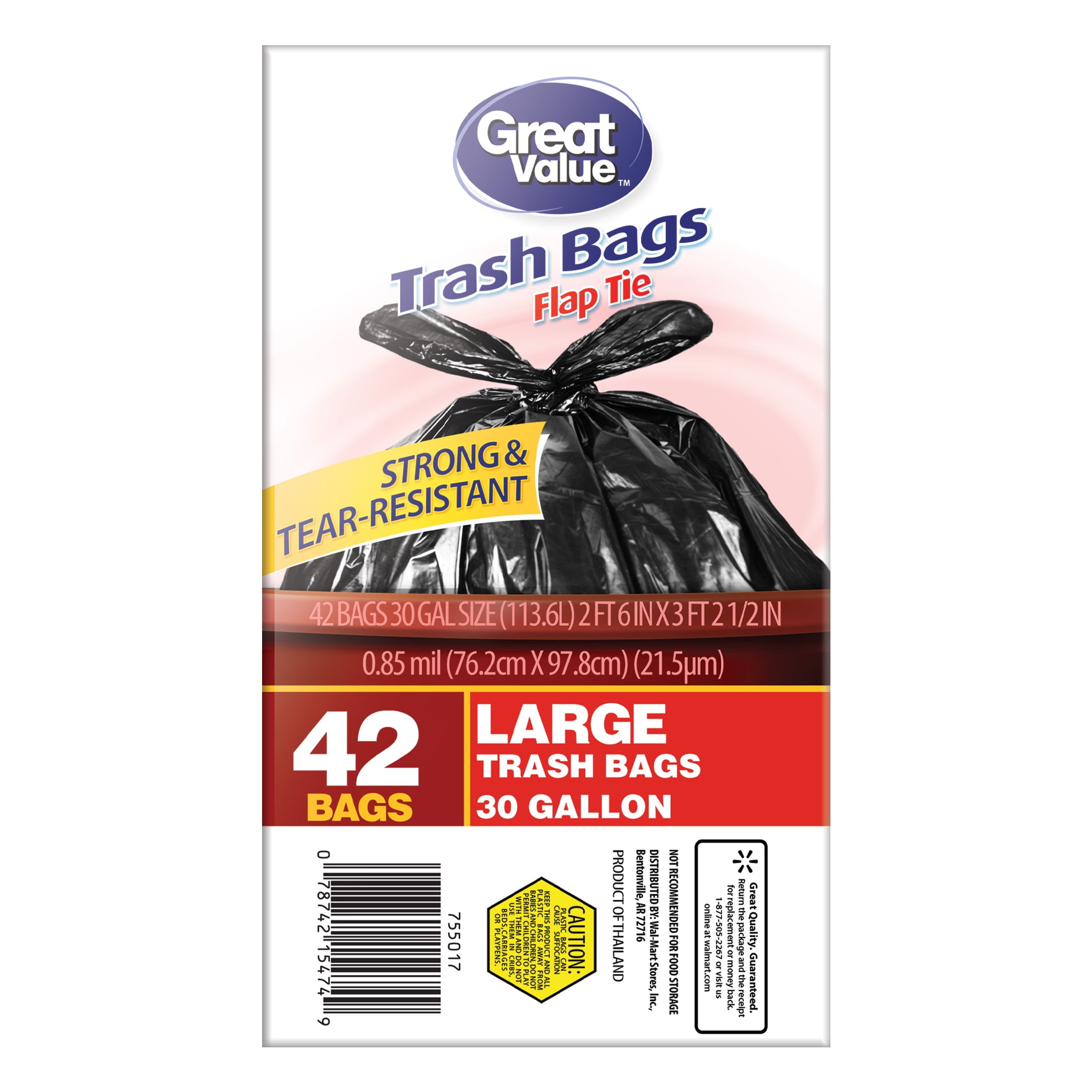 Great Value 30 Gallon Flap Tie Trash Bags, 42 Bags