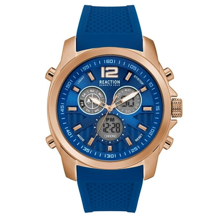 Kenneth Cole New York Silver Dial Watch - Kenneth Cole Reaction Men's Rosegold Case Blue Dial Blue Silicone Strap Watch